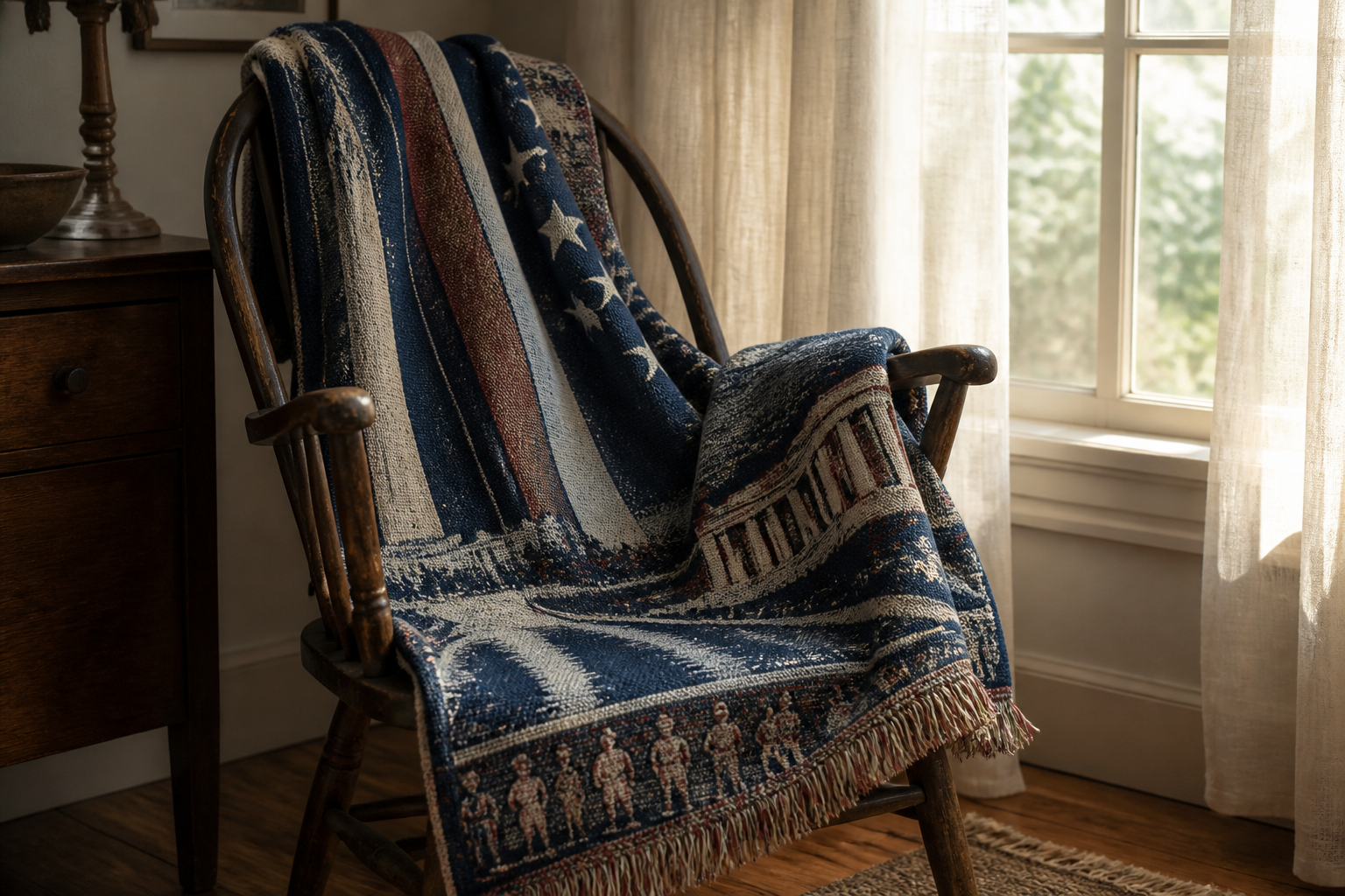 A woven memorial tapestry blanket draped over a wooden chair in natural light