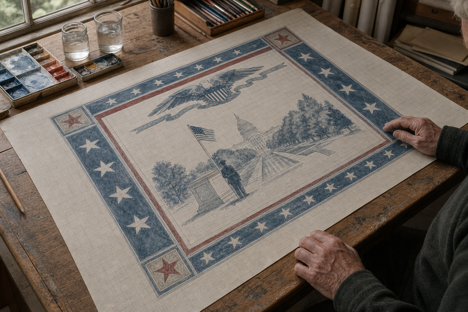 A memorial tapestry pattern drawn on graph paper at a wooden drafting table