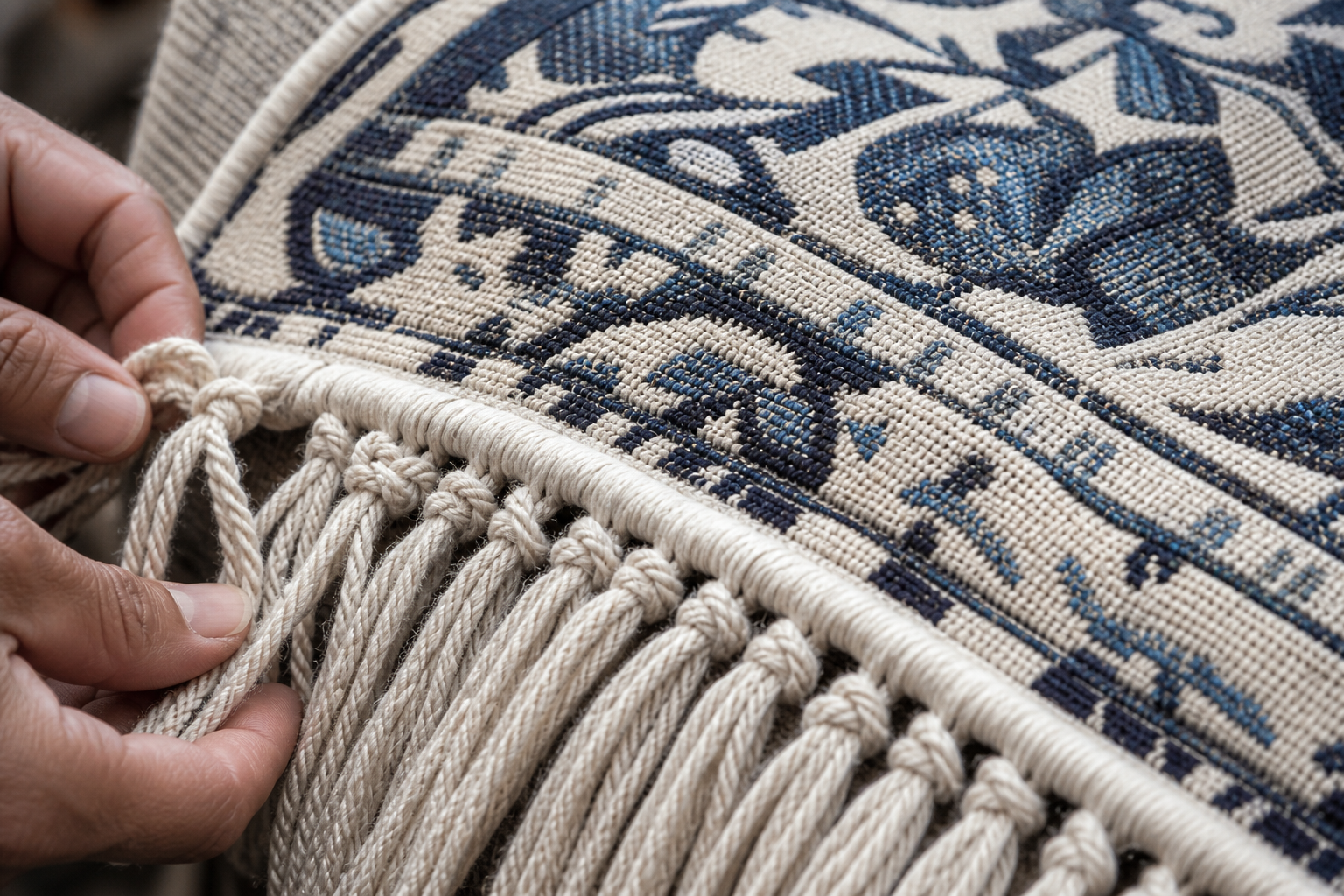 Close detail of finished tapestry weave and knotted fringe