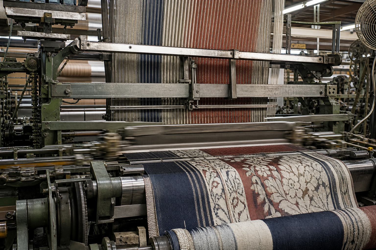A Jacquard loom weaving a navy, brick-red, and bone tapestry blanket