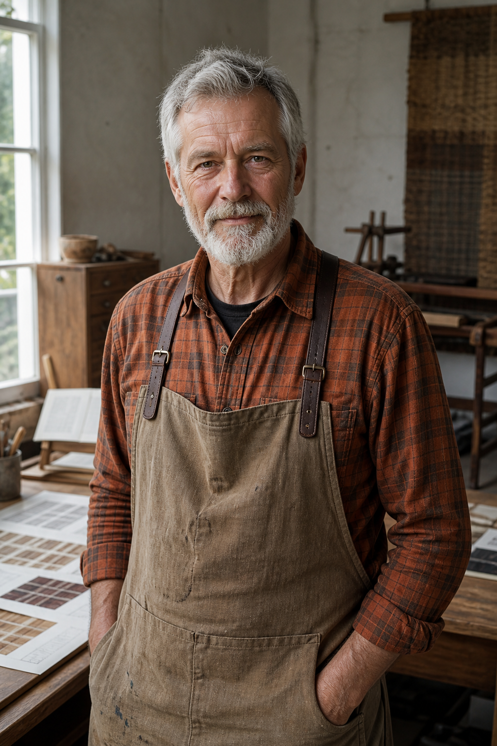 Walter, the designer of Walter's Creations, in a rust-orange flannel and canvas apron